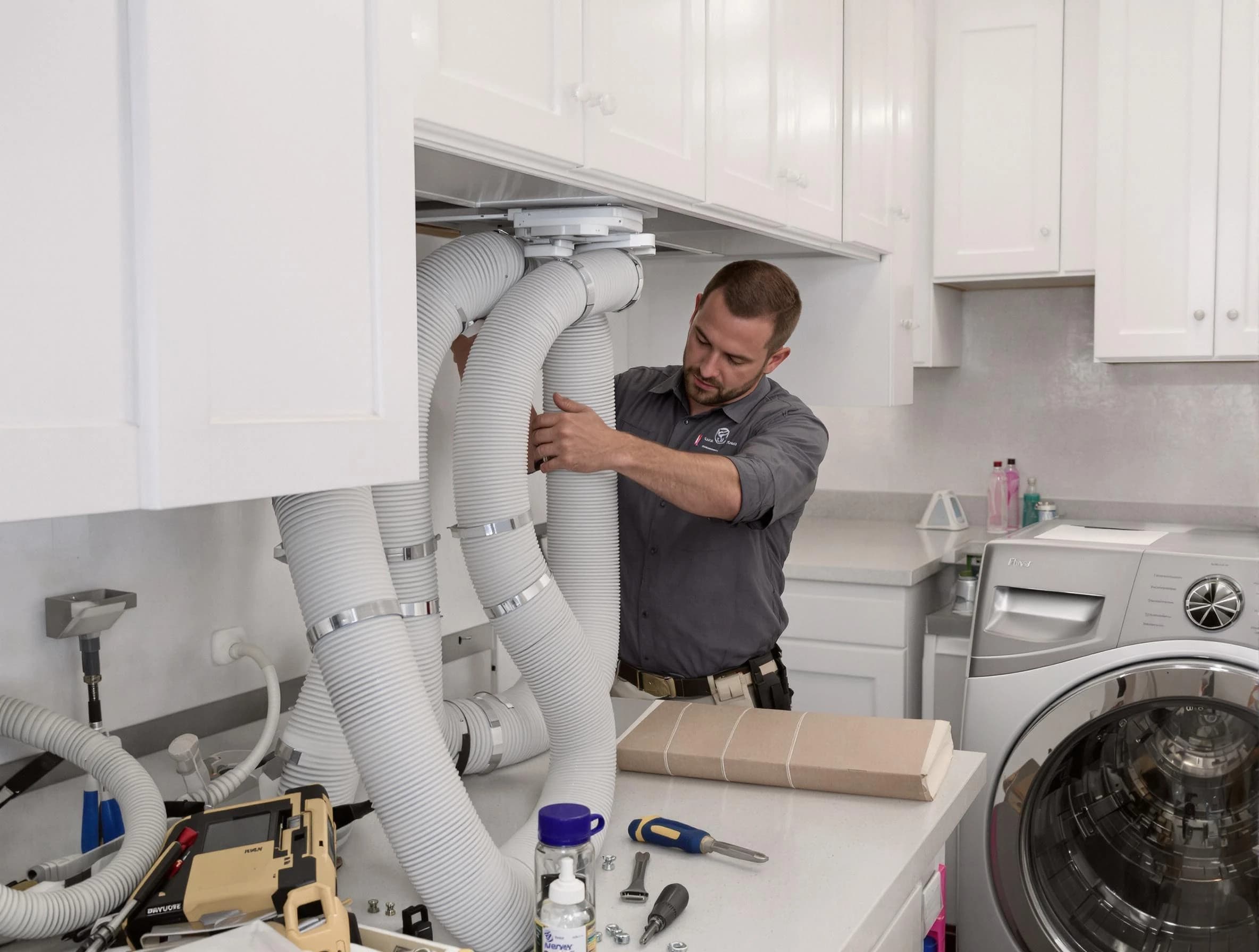 Edmond Dryer Vent Cleaning technician installing a new professional-grade dryer vent hose in Edmond