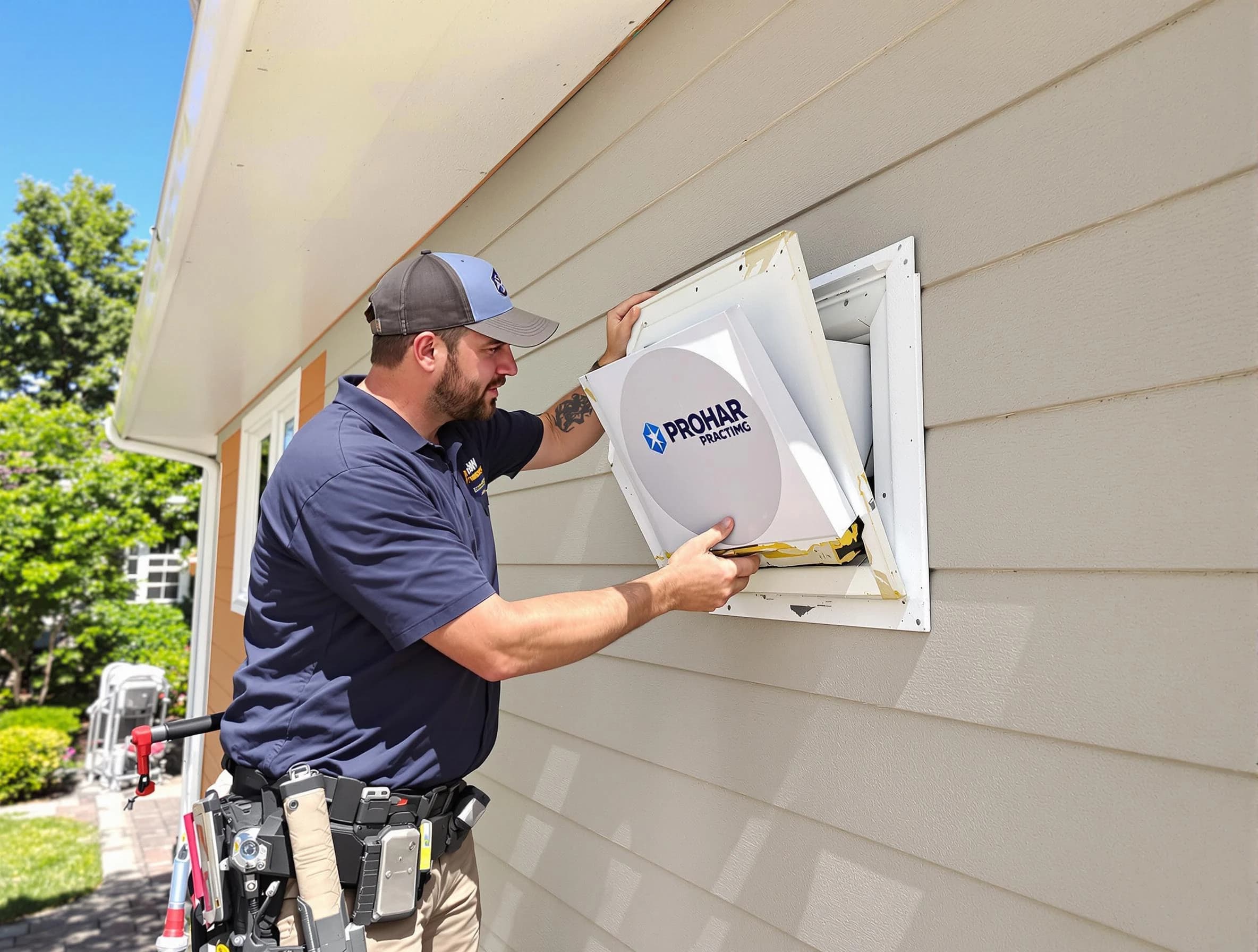 Edmond Dryer Vent Cleaning technician installing a new protective dryer vent cover on a home in Edmond