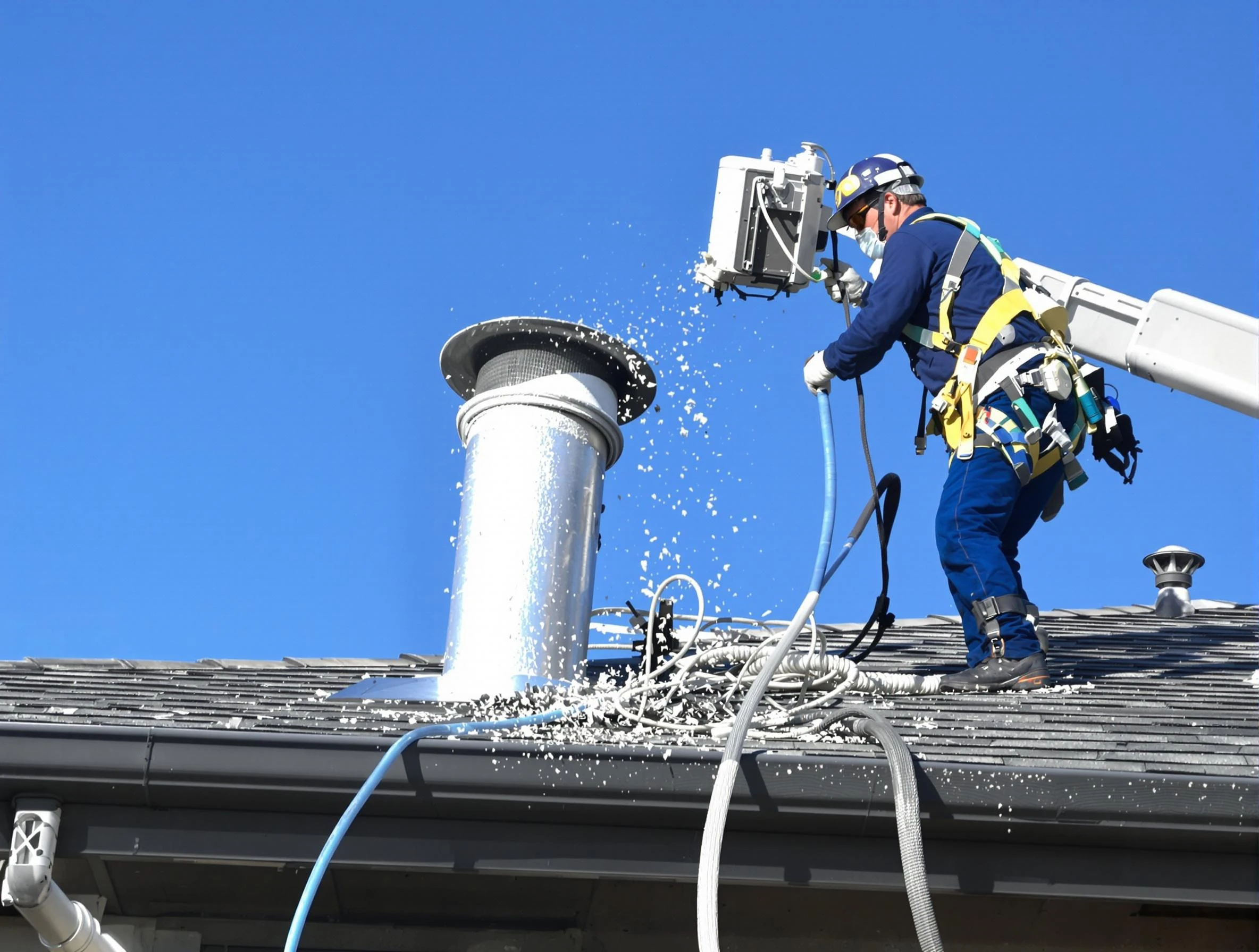 Edmond Dryer Vent Cleaning certified technician safely cleaning a roof-mounted dryer vent in Edmond