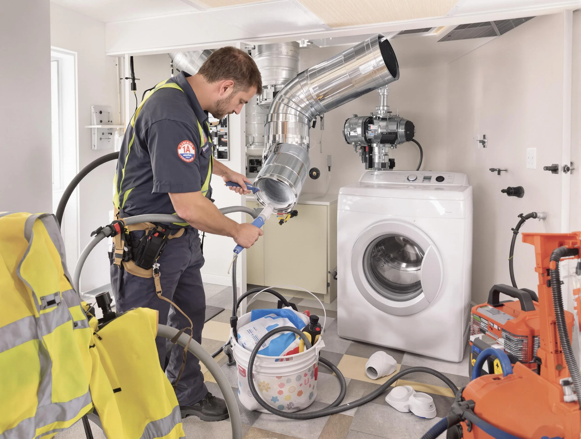 Edmond Dryer Vent Cleaning technician using specialized equipment to clear severe dryer vent blockage in Edmond