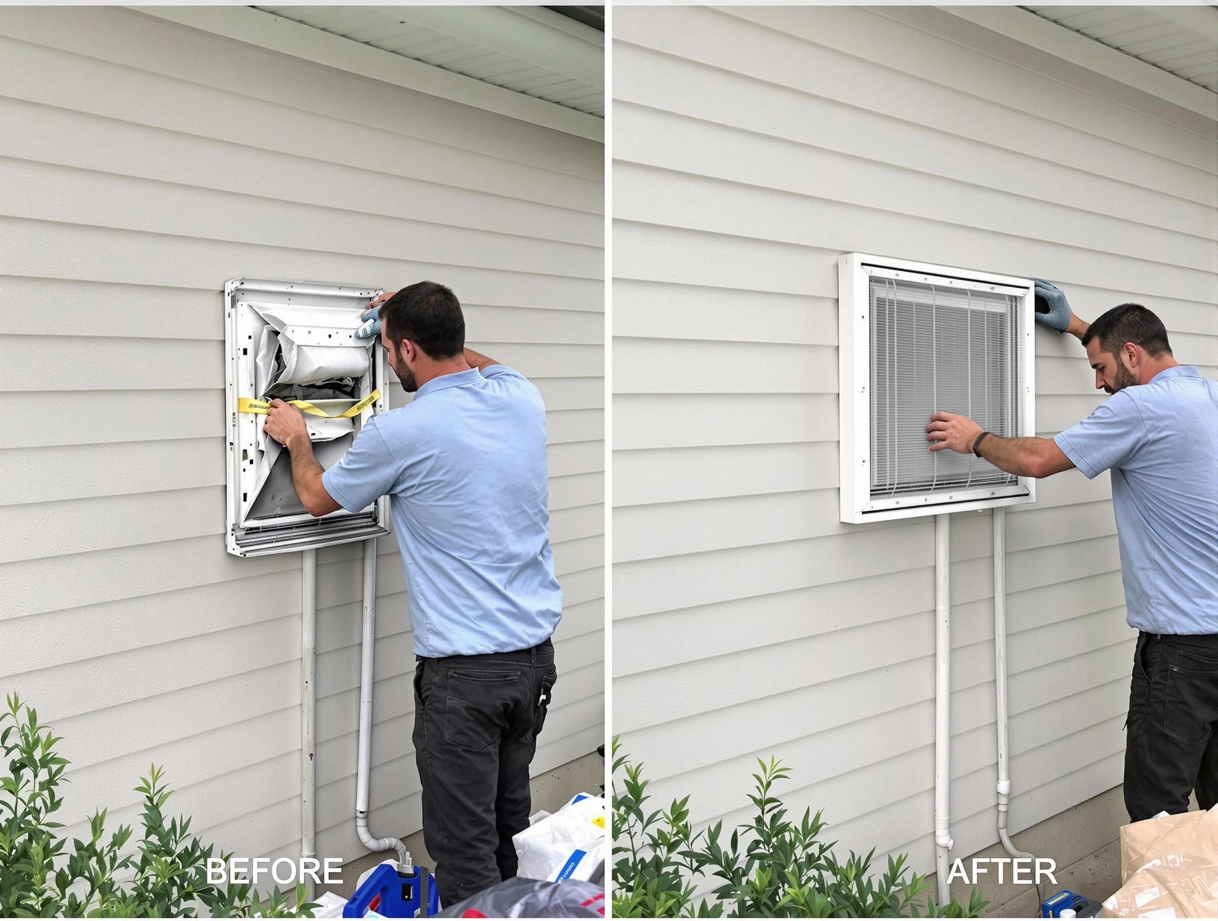 Edmond Dryer Vent Cleaning technician installing high-quality dryer vent cover at a residential property in Edmond